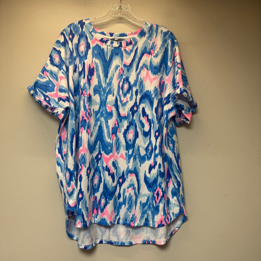 Crown‎ & Ivy Top Womens XL Blue Pink Excellent Ikat Print High-Low Cuffed Sleeve